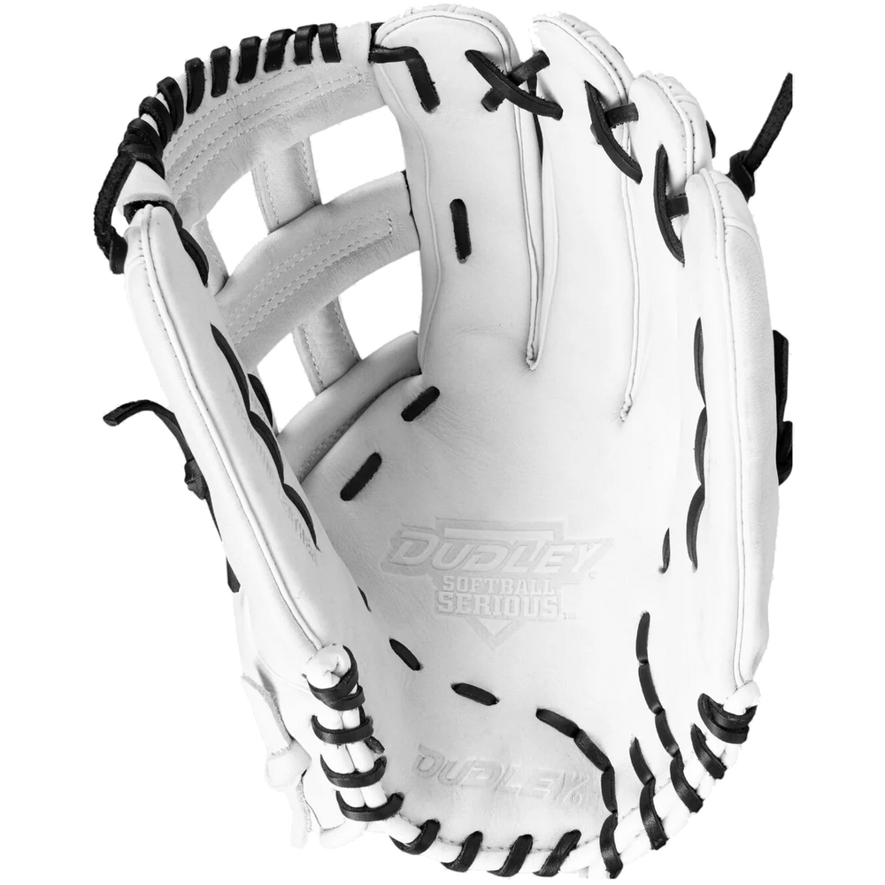The Dudley 14" Slowpitch Glove: DFG14H is a white leather glove with black lacing and "Dudley Softball Serious" embossed on the palm, displayed open and facing up against a plain white background.