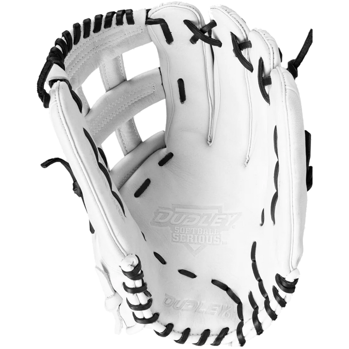 The Dudley 14" Slowpitch Glove: DFG14H is a white leather glove with black lacing and "Dudley Softball Serious" embossed on the palm, displayed open and facing up against a plain white background.