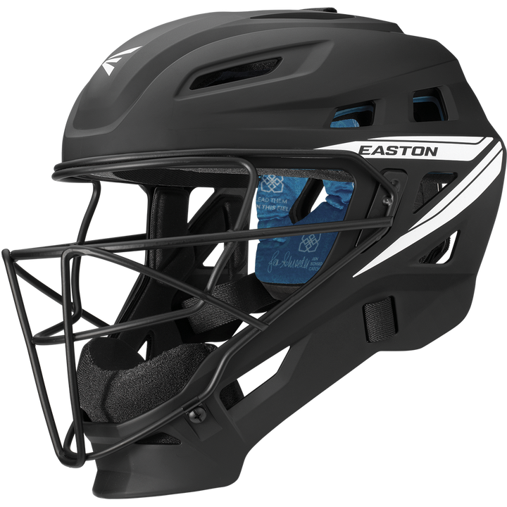 The Easton Jen Schro The Very Best Fastpitch Catcher's Helmet (JSTVBCH) features a black and white design, metal face guard, ventilation holes, blue interior padding, and NOCSAE-certified protection—perfect for serious players.