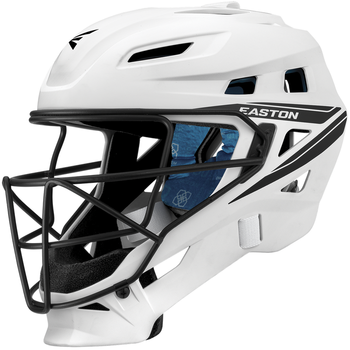 The Easton Jen Schro The Very Best Fastpitch Catcher's Helmet (JSTVBCH) features a white shell, black faceguard, black/gray side graphics, blue interior padding, ventilation holes, and a modern angular design inspired by Jen Schro.