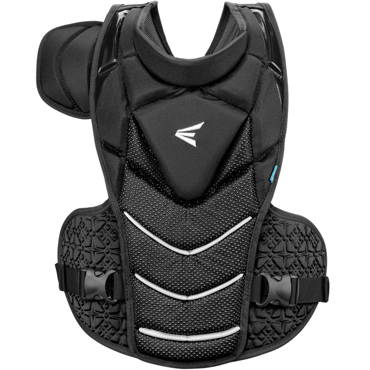 The Easton Jen Schro The Very Best Fastpitch Catcher's Chest Protector (JSTVBCP) features black padding, textured shoulder and side panels, white accents, and adjustable straps for sports or physical activities.