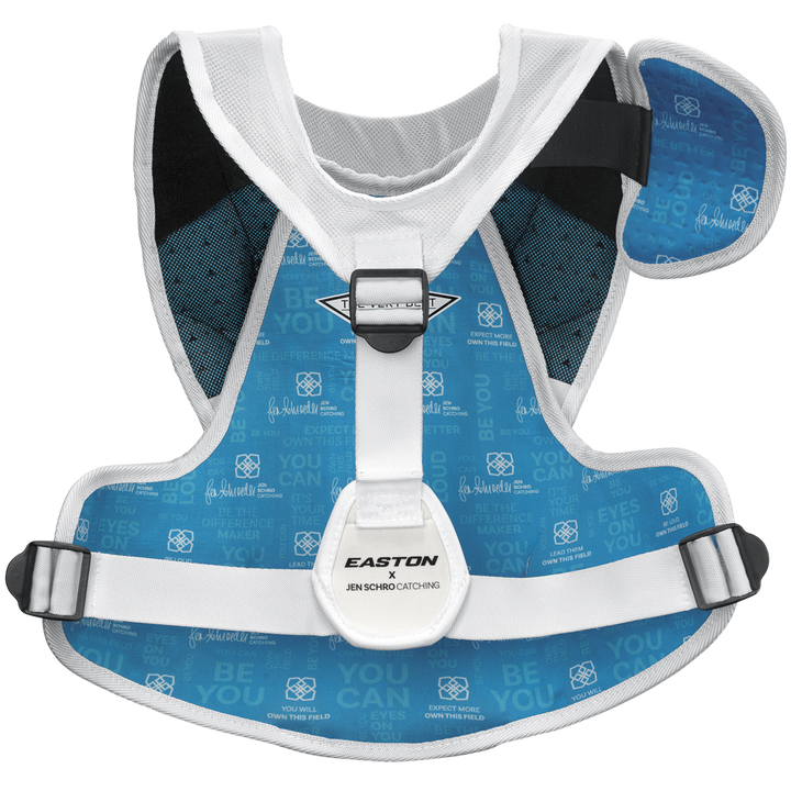 The Easton Jen Schro The Very Best Fastpitch Catcher's Chest Protector (JSTVBCP) features blue and white colors, motivational phrases, signatures, adjustable straps, and padding for female catchers' protection.