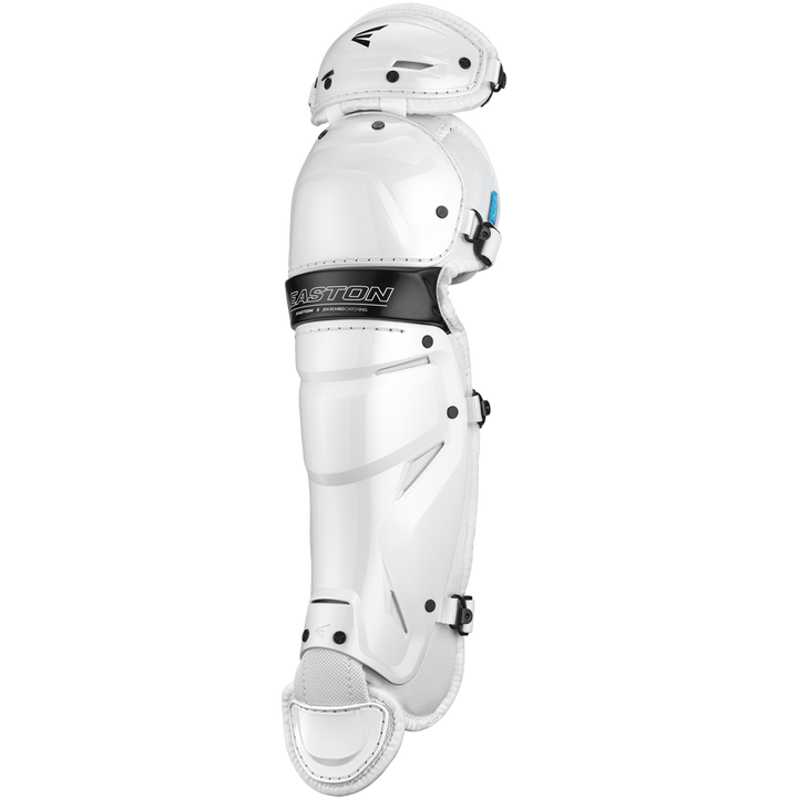 A white Easton Jen Schro The Very Best Fastpitch Catcher's Leg Guard (JSTVBLG) with black straps and knee padding, designed for softball protection, is displayed against a plain background.