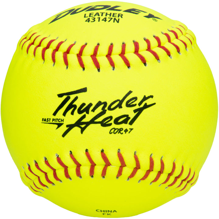 The Dudley Thunder Heat 12" 47/375 Leather Fastpitch Softball (43147N) features a bright yellow leather cover, red stitching, and black text—making it a top pick for fastpitch players.