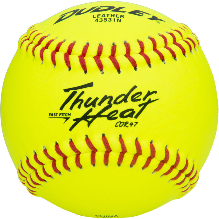 The Dudley Thunder Heat 11" 47/375 Leather Fastpitch Softball (43531N) features bright yellow leather, red stitching, and black text—ideal for fastpitch games.