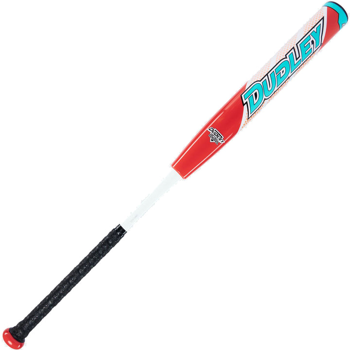 The 2023 Dudley Doom 12" Endloaded NSA USSSA Slowpitch Softball Bat (D3SPUE2) features a red, white, and blue design with a black grip and red knob, perfect for USSSA slowpitch play. Isolated on a white background.