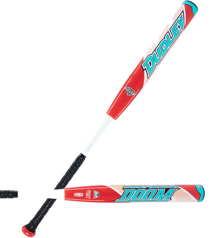 The 2023 Dudley Doom 12" Endloaded NSA USSSA Slowpitch Softball Bat (D3SPUE2) features bold red, white, and blue graphics on the barrel, "Dudley" and "DOOM" text, and a black grip handle for a striking look.