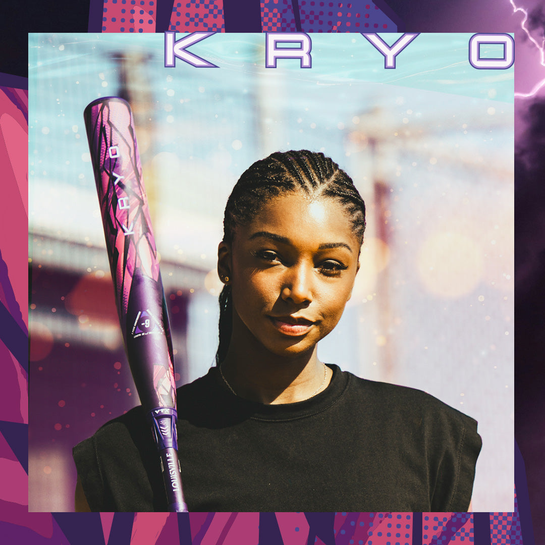 A young woman with braids stands outdoors, confidently holding the 2026 Louisville Slugger Kryo Thundernight Fastpitch Softball Bat over her shoulder. She wears a black shirt and looks at the camera, with "KRYO" in bold above her.