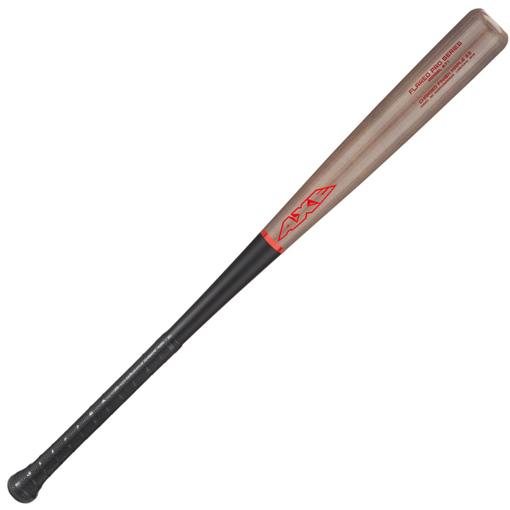 The AXE Flared Pro Series Maple Wood Baseball Bat (L124K-FLR) features a natural wood barrel, black handle, Axe red branding near the barrel, and a pro flared handle for superior grip and control.