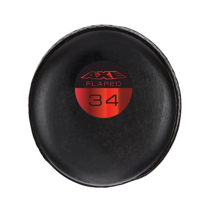 A black, round bat knob with a red AXE FLARED 34 label, viewed from above—designed for the AXE Flared Pro Series Maple Wood Baseball Bat: L124K-FLR and its signature pro flared handle.