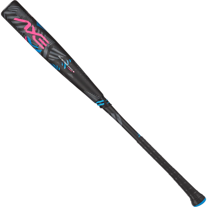 The 2025 AXE Avenge Pro 3 Hybrid (-3) BBCOR Baseball Bat: L130M-FLR features a black and blue design and a flared handle.