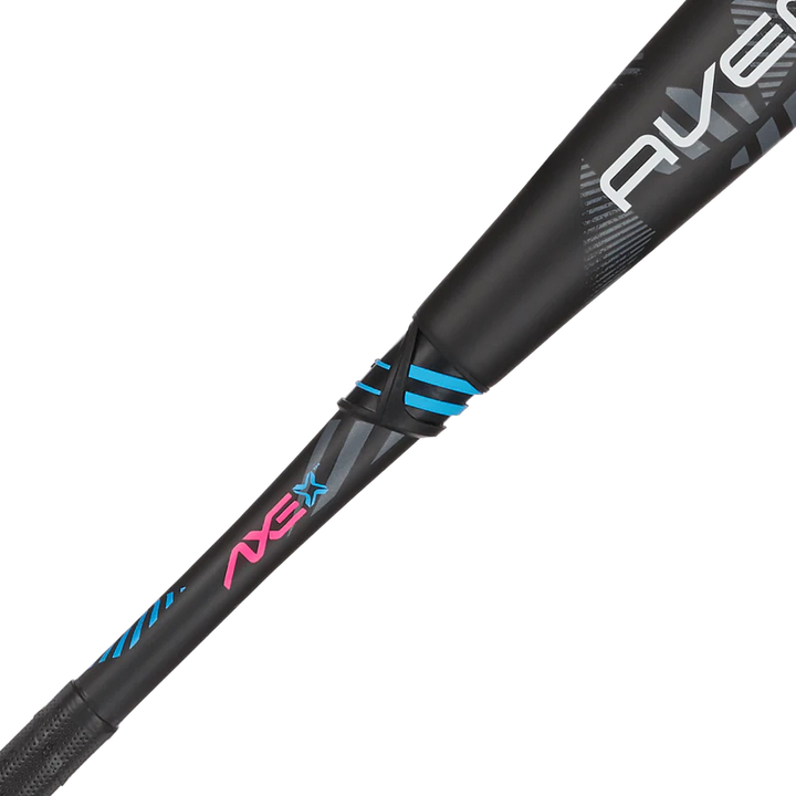 Close-up of the 2025 AXE Avenge Pro 3 Hybrid (-3) BBCOR Baseball Bat (L130M-FLR) by AXE, featuring blue and pink accents on the flared handle and barrel, with visible AVE and NSX text.