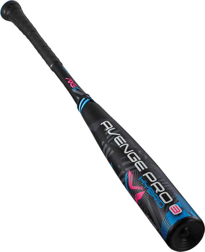The 2025 AXE Avenge Pro 3 Hybrid (-3) BBCOR Baseball Bat (L130M-FLR) by AXE features a black and blue design, Avenge Pro 3 Hybrid barrel graphics in white/blue, a flared handle with textured grip, and modern angular accents.