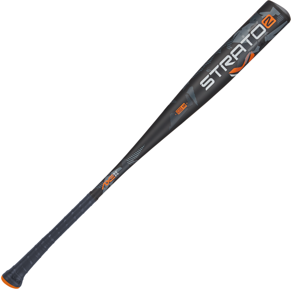 The 2024 AXE Strato 2 (-3) BBCOR Baseball Bat (L137M-FLR) features black, orange, and gray colors, a pro flared Axe handle for better grip, Strato and 2 on the barrel, and an expanded sweet spot for power hitters.