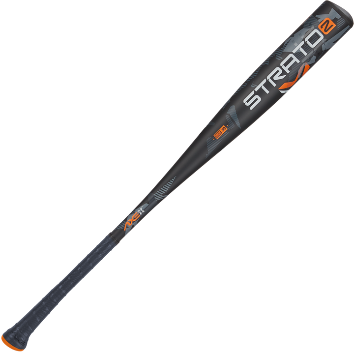 The 2024 AXE Strato 2 (-3) BBCOR Baseball Bat (L137M-FLR) features black, orange, and gray colors, a pro flared Axe handle for better grip, Strato and 2 on the barrel, and an expanded sweet spot for power hitters.