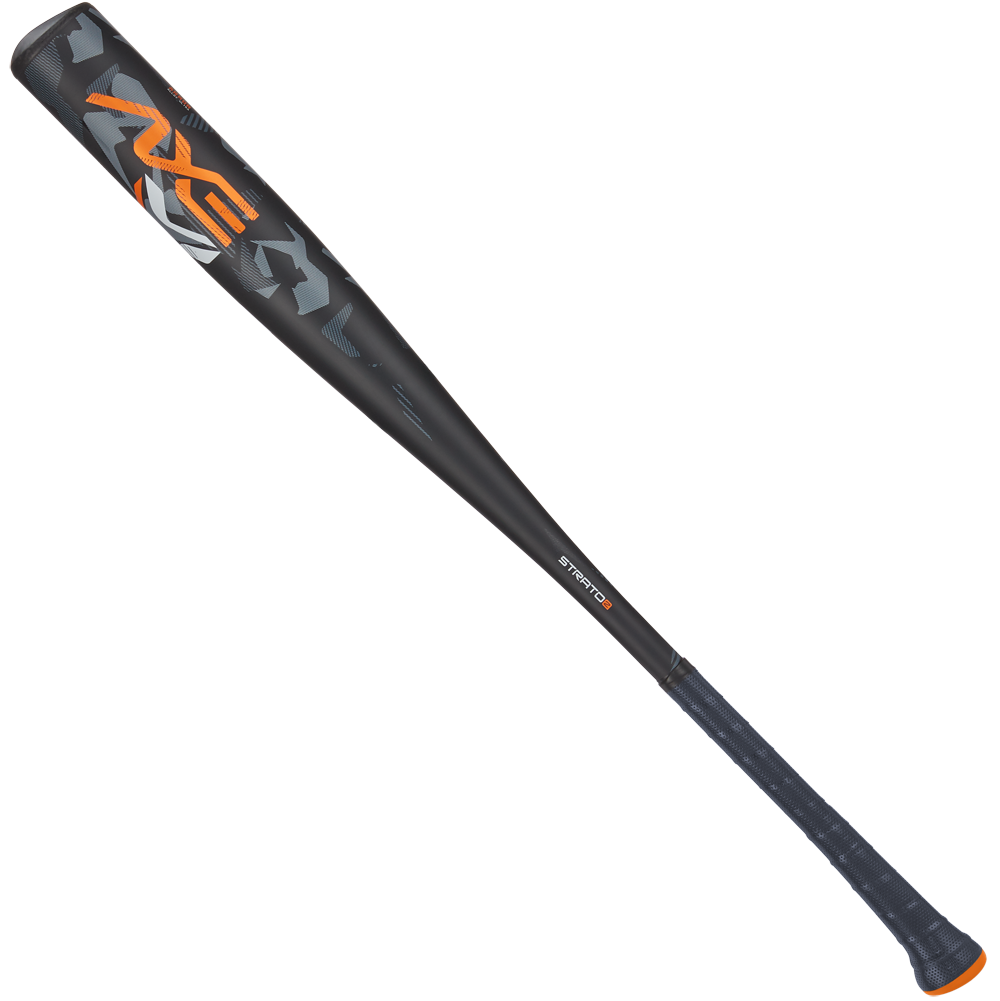 The 2024 AXE Strato 2 (-3) BBCOR Baseball Bat (L137M-FLR) features a black finish with orange and white AXE branding, pro flared handle, textured grip, and slightly tapered barrel—perfect for power hitters. Shown on a plain white background.