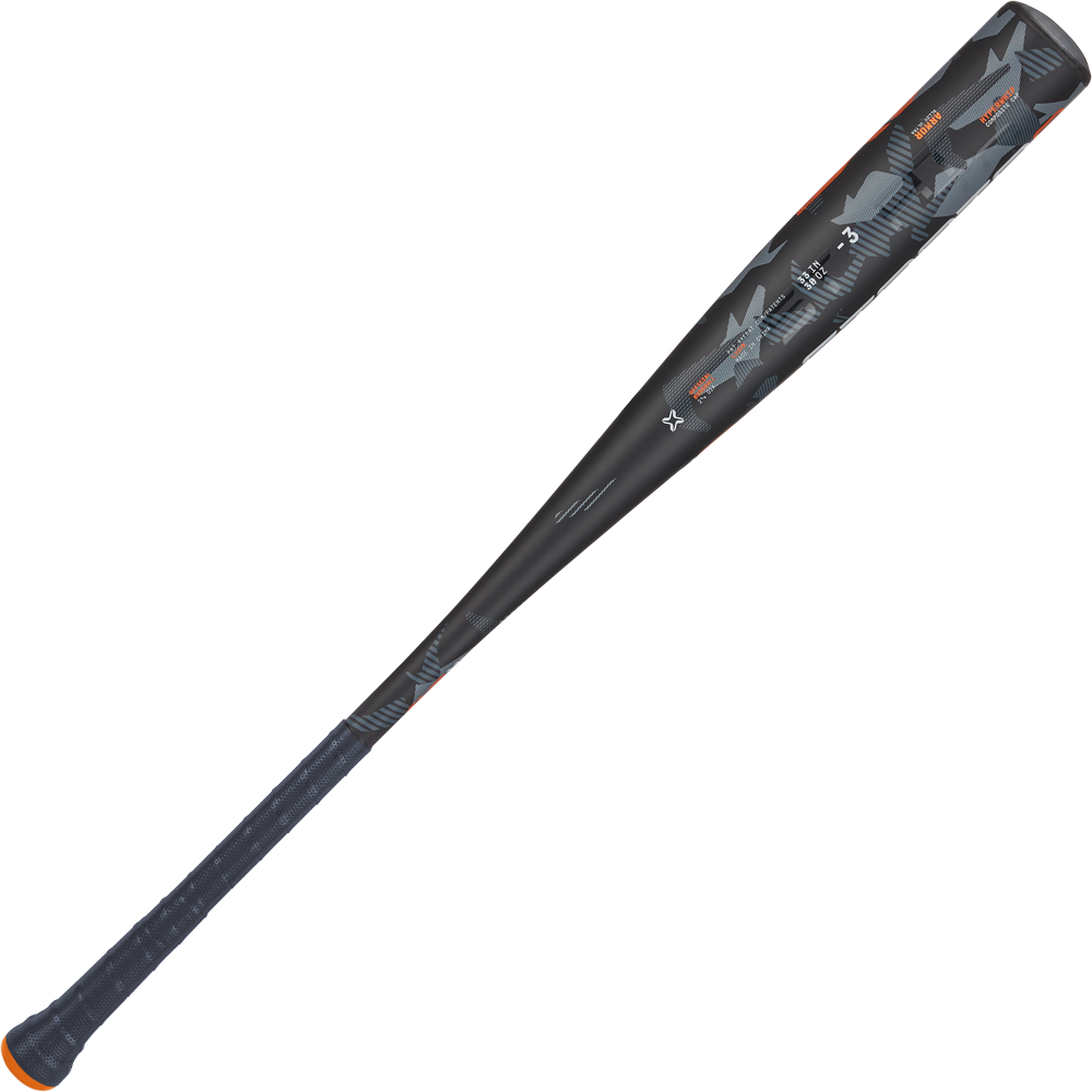 The 2024 AXE Strato 2 (-3) BBCOR Baseball Bat (L137M-FLR) features a black and gray design with orange accents, a pro flared Axe handle, textured grip, and geometric barrel patterns for a power hitter's sweet spot.