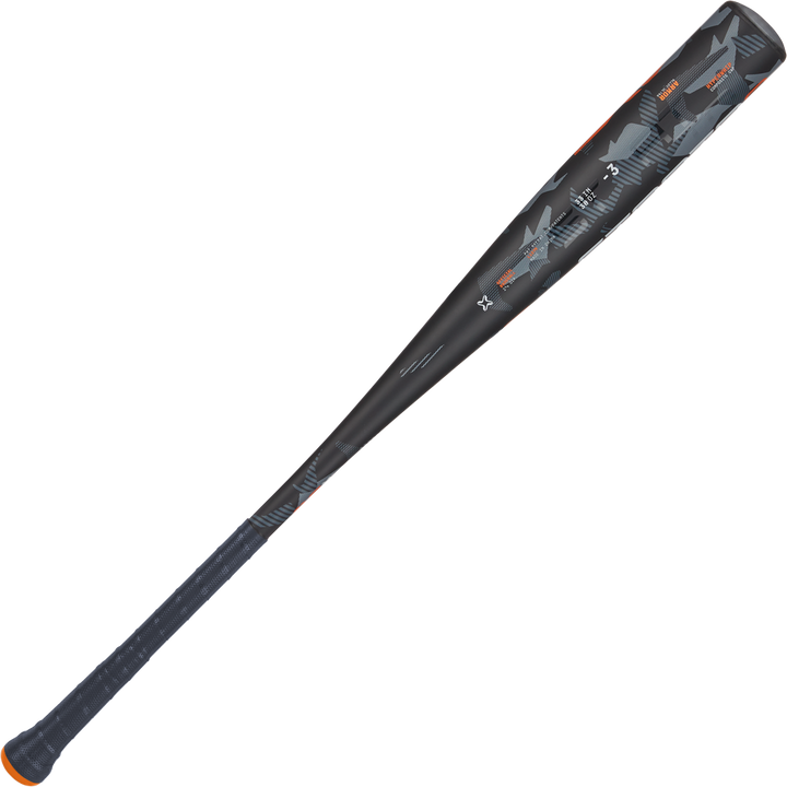 The 2024 AXE Strato 2 (-3) BBCOR Baseball Bat (L137M-FLR) features a black and gray design with orange accents, a pro flared Axe handle, textured grip, and geometric barrel patterns for a power hitter's sweet spot.
