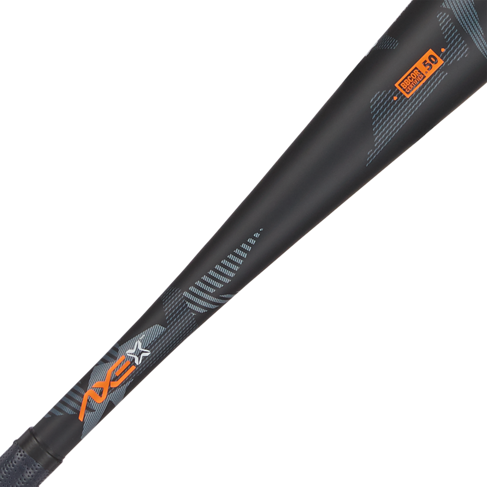 Close-up of the 2024 AXE Strato 2 (-3) BBCOR Baseball Bat (L137M-FLR) in black with gray and orange graphics, featuring the AXE logo, BBCOR .50 certification label, and a pro flared Axe handle for enhanced control.