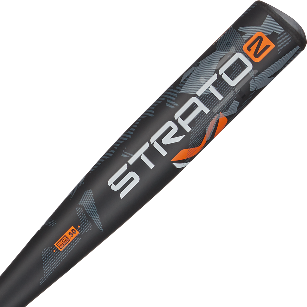 Close-up of the 2024 AXE Strato 2 (-3) BBCOR Baseball Bat: L137M-FLR barrel, featuring gray camo, bold STRATO lettering, an orange 2 by the handle, and a pro flared Axe handle made for power hitters.