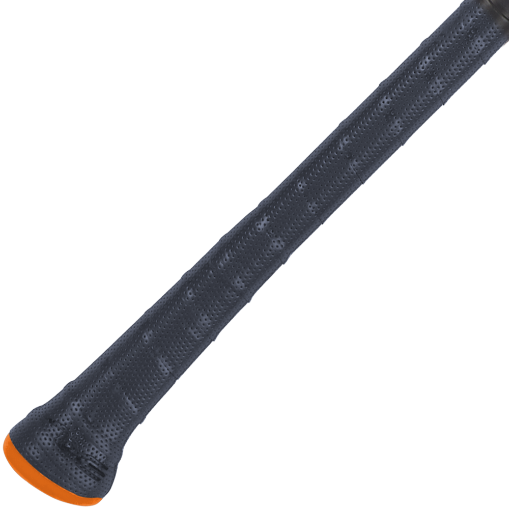 Close-up of the textured, dark gray pro flared handle grip with an orange accent on the 2024 AXE Strato 2 (-3) BBCOR Baseball Bat: L137M-FLR, set against a plain, light-colored background.