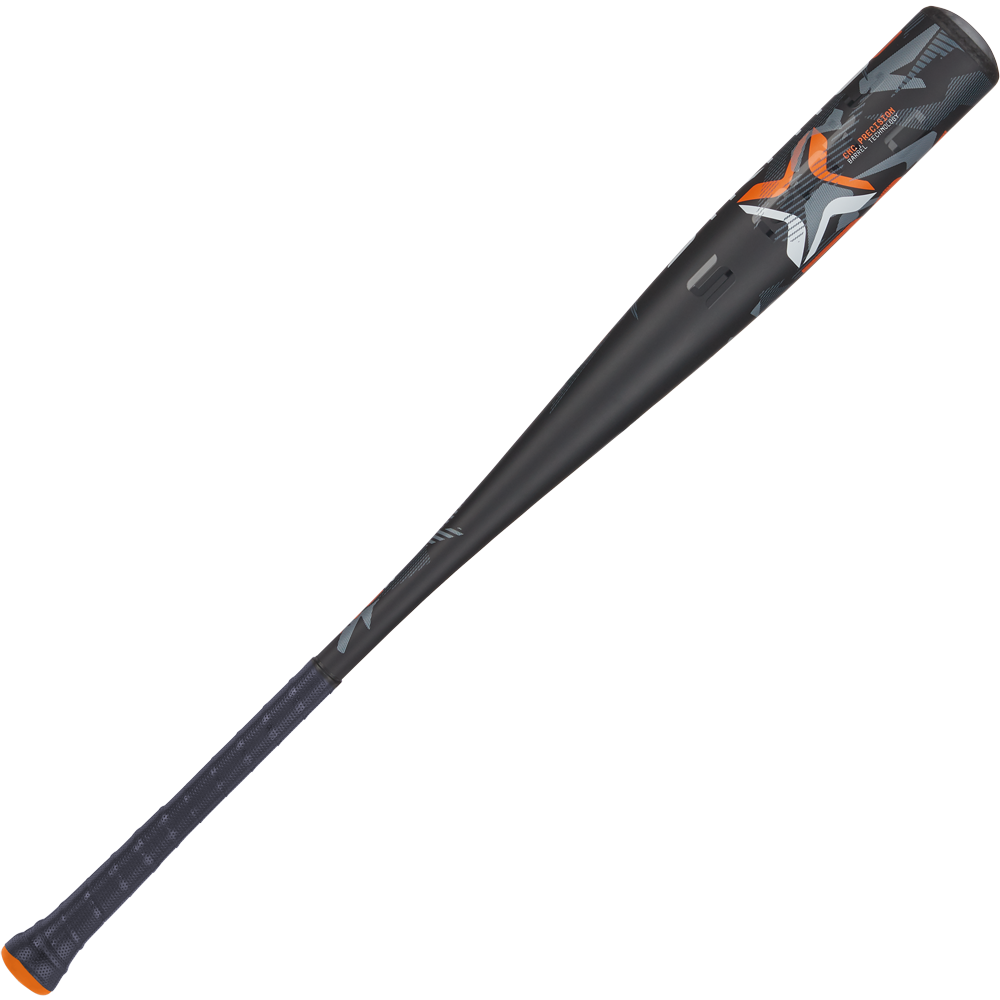 The 2024 AXE Strato 2 (-3) BBCOR Baseball Bat (L137M-FLR) by AXE features black, orange, and white graphics, a textured grip, pro flared Axe handle, power hitter’s sweet spot, and an orange end cap.