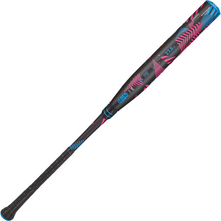 The 2024 AXE Inferno 12" Maxload NSA USSSA Slowpitch Softball Bat (L154M12-FLR) features a black barrel with pink and blue geometric designs, a blue handle, Hyperflex Barrel Technology, and is 27 oz. Brand: AXE.