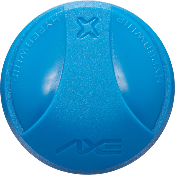 A bright blue, round plastic object with a raised AXE logo and "HYPERWHIP" molded on the surface, inspired by the Hyperflex Barrel Technology in the 2024 AXE Inferno 12" Maxload NSA USSSA Slowpitch Softball Bat (L154M12-FLR).