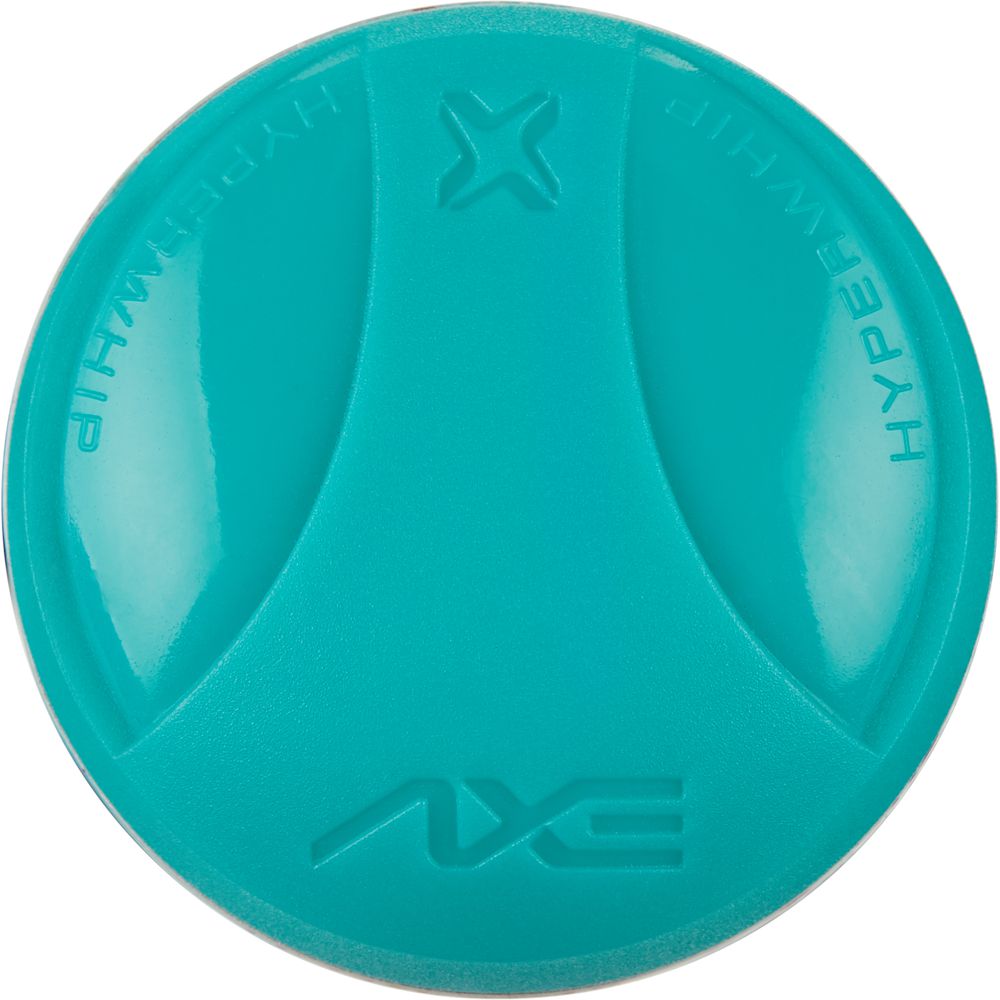 A round, teal plastic lid with AXE and HYPERWHIP embossed on it, featuring a modern design and subtle curves—perfectly complementing the 2025 AXE Fury 13" Endload NSA USSSA Slowpitch Softball Bat: L154P-E-FLR.