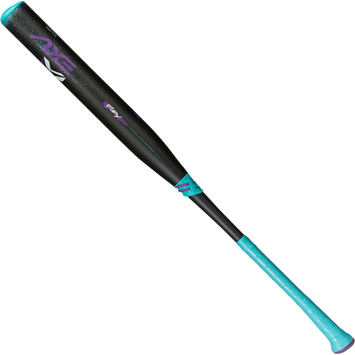 The 2025 AXE Fury 13" Balanced NSA USSSA Slowpitch Softball Bat (L154P-FLR) by AXE features a black design with teal and purple accents, a teal grip, Hyperflex Barrel Technology, and a logo near the barrel.