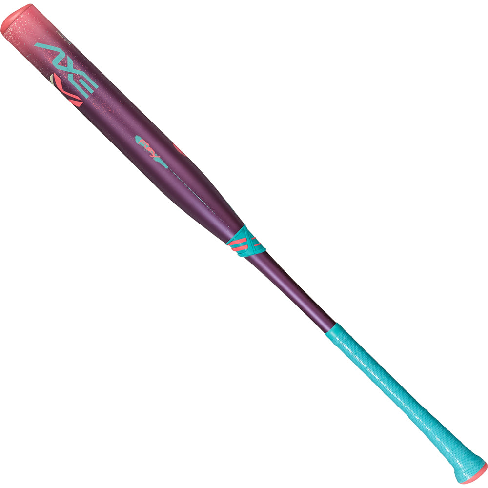 The 2025 AXE Fury 12" Endload NSA USSSA Slowpitch Bat (L154P12-FLR) features a purple barrel with teal and pink accents, a teal grip handle, and stylized graphics near the barrel and handle.