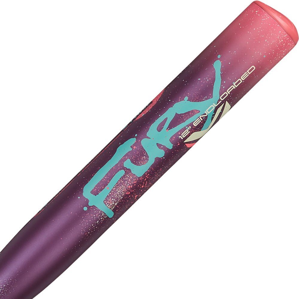 A close-up of the 2025 AXE Fury 12" Endload NSA USSSA Slowpitch Softball Bat (L154P12-FLR) in purple and pink, with "FURY" in bold blue-green, "USSSA ENDORSED" in white, and a gradient design with scattered white speckles.