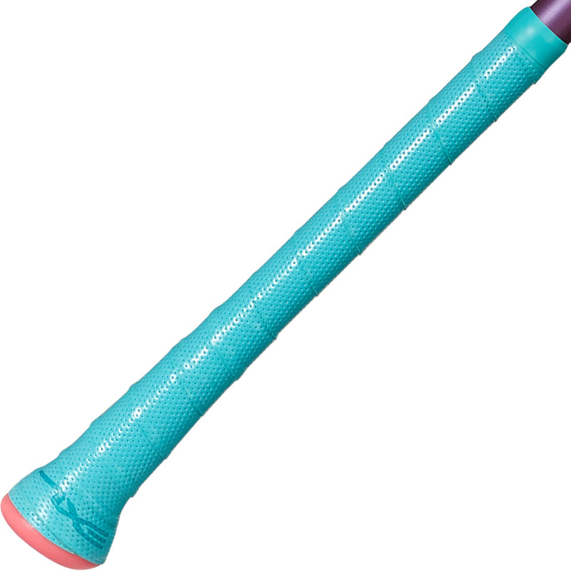 Close-up of the handle on the 2025 AXE Fury 12" Endload NSA USSSA Slowpitch Softball Bat (L154P12-FLR) wrapped in a textured, teal grip with a pink knob.