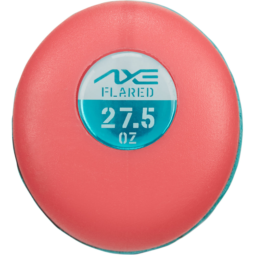 A round, pink object features a teal label with "AXE FLARED 27.5 OZ" in white, resembling the 2025 AXE Fury 12" Endload NSA USSSA Slowpitch Softball Bat (L154P12-FLR) from AXE used for slowpitch softball.