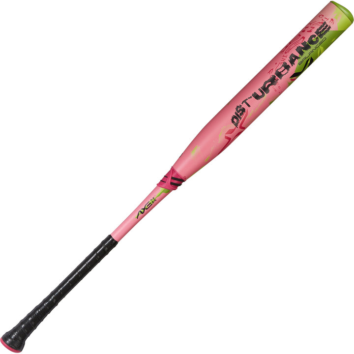 The 2025 AXE Disturbance 13" Balanced USA Slowpitch Softball Bat (L155P-FLR) by AXE features a pink and green composite barrel with "DISTURBANCE" in bold black and pink letters and a black grip.