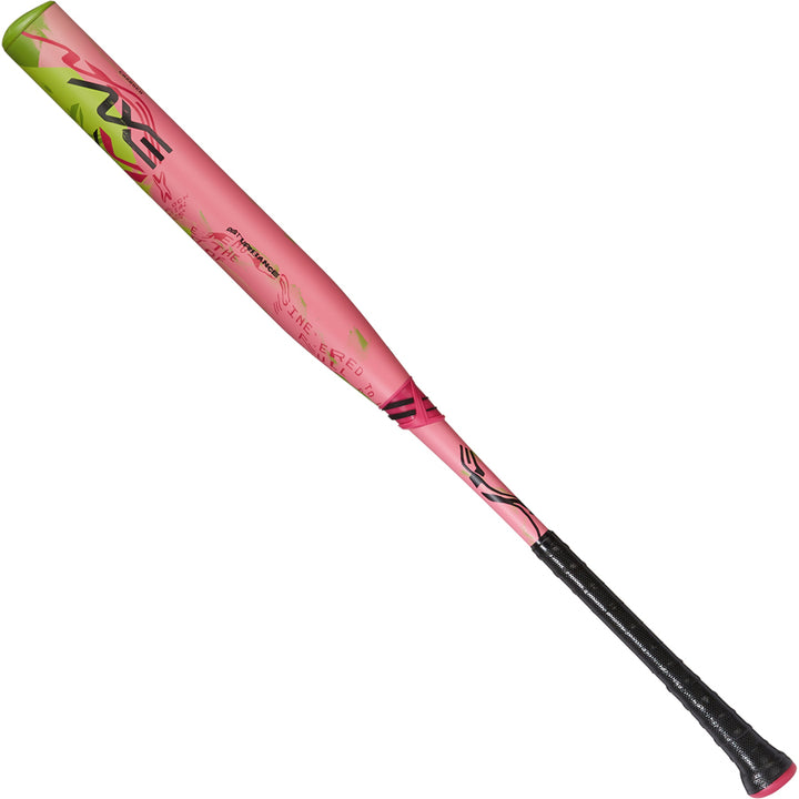 The 2025 AXE Disturbance 13" Balanced USA Slowpitch Softball Bat (L155P-FLR) by AXE features a pink and green composite barrel with a black grip tape handle, displayed against a white background.