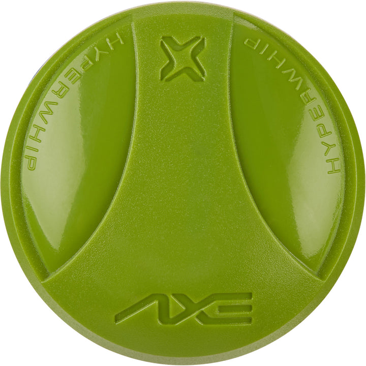 A round, green container with shiny sections and raised βAXEβ and βHYPERWHIPβ lettering along the edge evokes the balanced power of the 2025 AXE Disturbance 13" Balanced USA Slowpitch Softball Bat: L155P-FLR. Lid displays an "X" logo at the center.