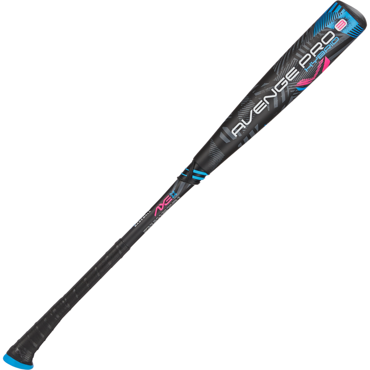 The 2024 AXE Avenge Pro 3 Hybrid (-8) USA Baseball Bat (L174M) features a black and blue design with pink and blue accents, a textured grip, and modern barrel graphics.