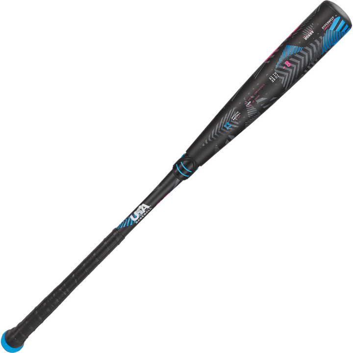 The 2024 AXE Avenge Pro 3 Hybrid (-8) 2 5/8" USA Baseball Bat (L174M), in black with blue and red accents, features a textured grip and geometric barrel patterns, displayed on a white background.