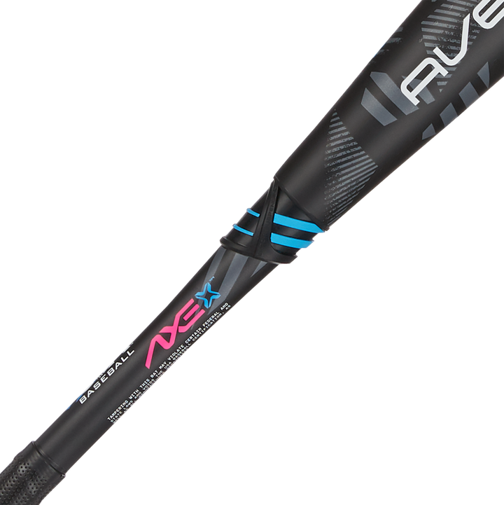 A close-up of the 2024 AXE Avenge Pro 3 Hybrid (-8) USA Baseball Bat by AXE, featuring blue and pink accents and sleek modern design—ideal for youth players seeking top performance and standout style.