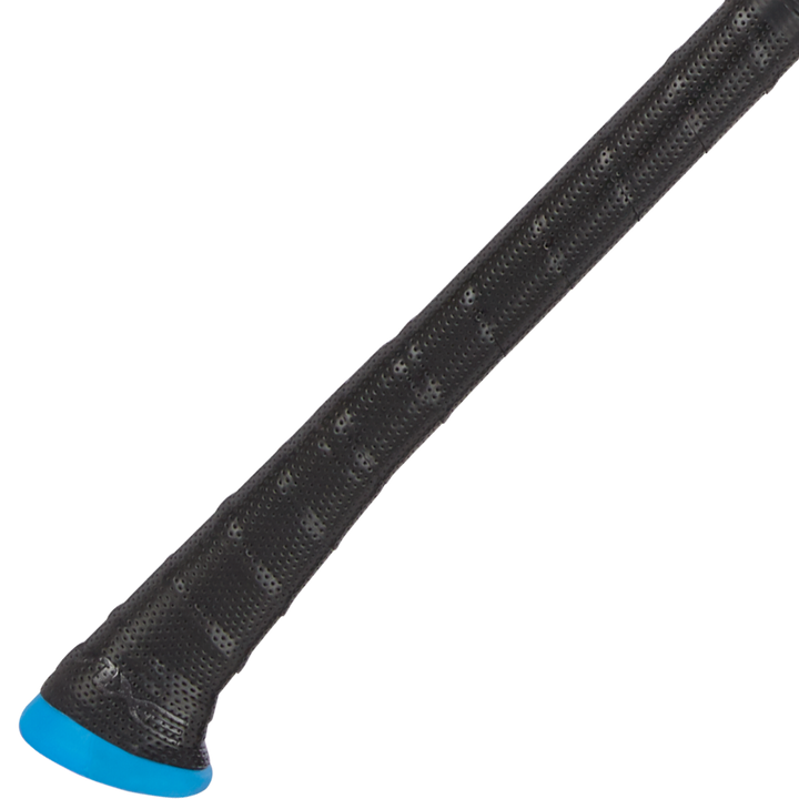 A close-up of the textured handle of the 2024 AXE Avenge Pro 3 Hybrid (-8) 2 5/8" USA Baseball Bat (L174M) shows a black grip and blue flared end, set against a white background.
