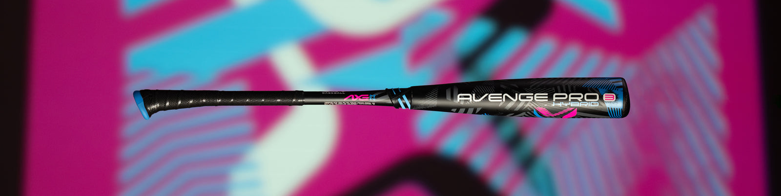 A black and blue AVENGE PRO 3 Hybrid baseball bat is displayed horizontally against a vibrant pink and blue abstract background.
