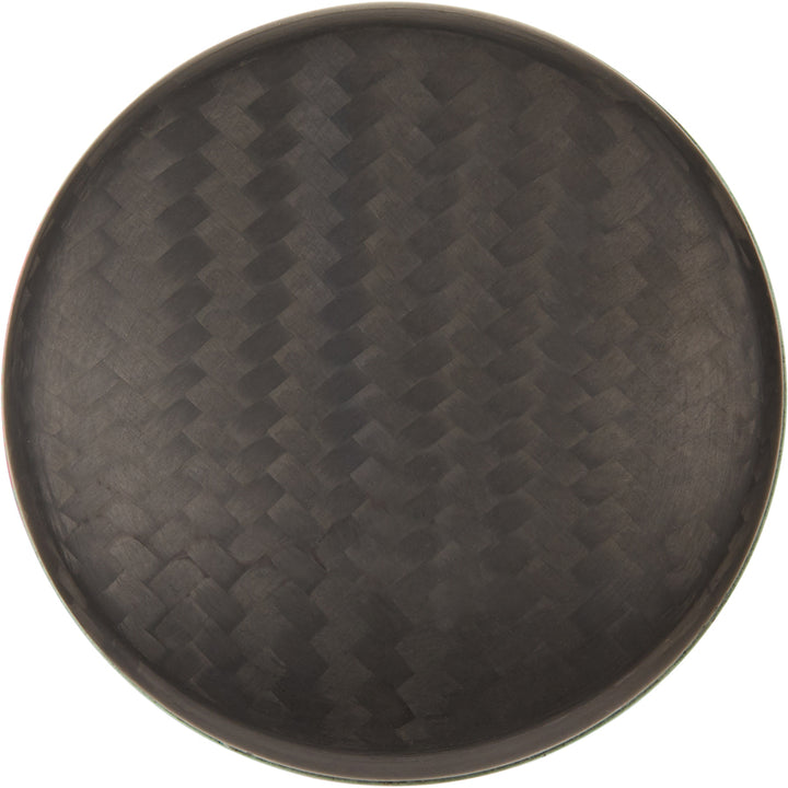 A round, dark plate with a subtle woven texture and matte finish, its surface resembles the AXE Warp (-5) 2 3/4" USSSA Baseball Bat: L199P-FLR by AXE.