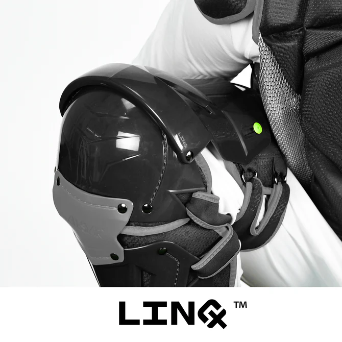A close-up of a person wearing All Star MVP Pro Catcher's Leg Guards: LG-5. The All Star logo appears at the bottom of the image.