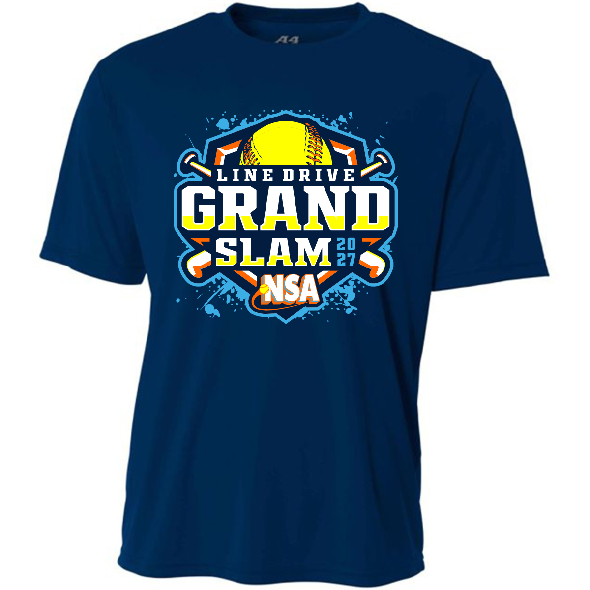 Navy blue short-sleeve cotton blend 2027 NSA Line Drive Grand Slam Fastpitch Tournament shirt with a graphic featuring a yellow softball and crossed bats.