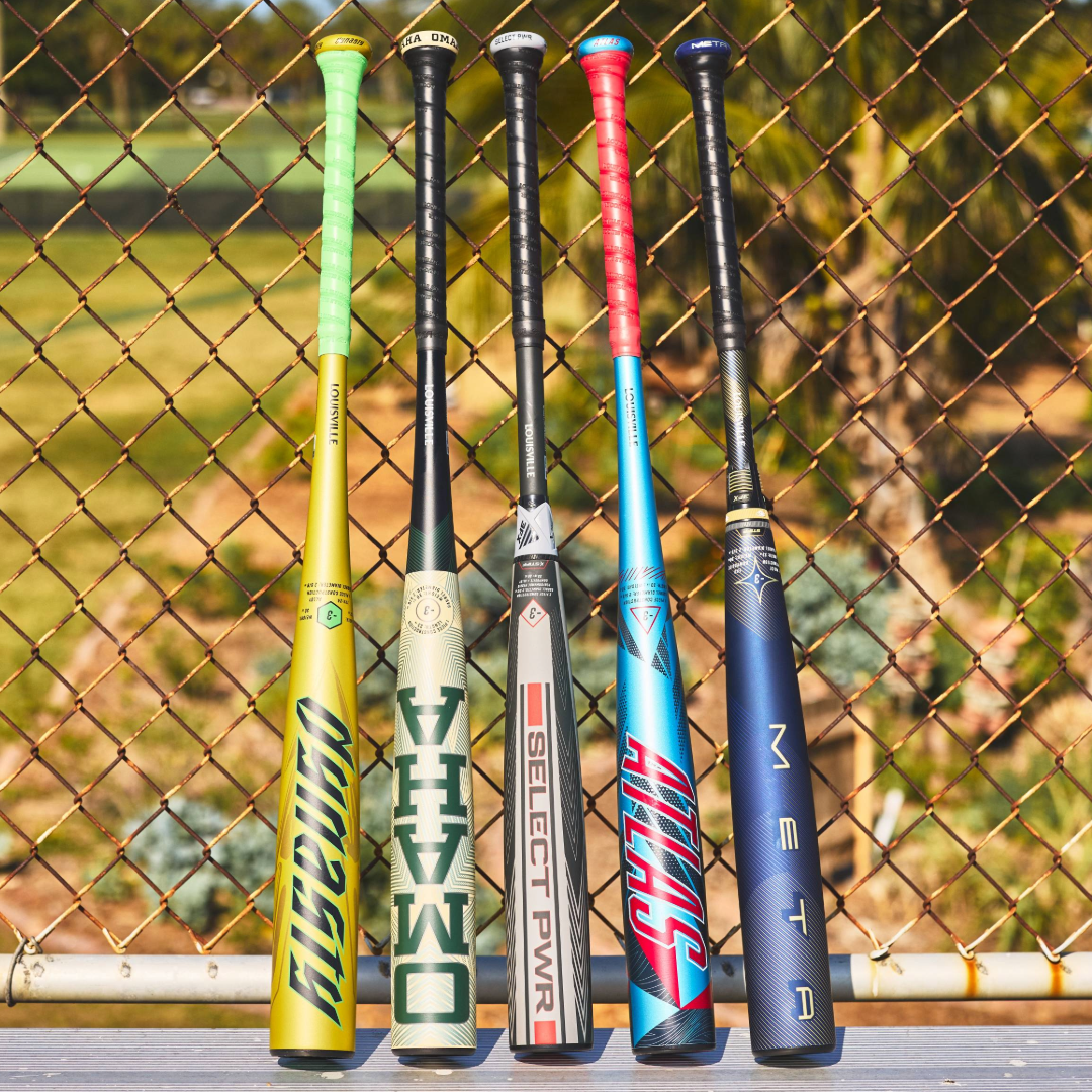 A group of baseball bats, including the 2026 Louisville Slugger Dynasty (-3) BBCOR Baseball Bat (WBL4162010), are ready for the next big game.