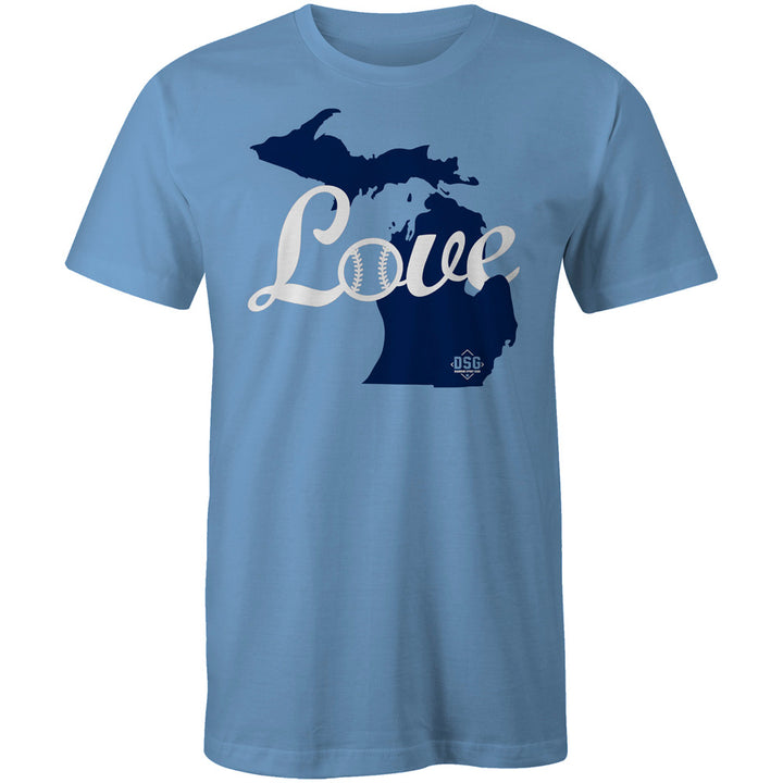 The DSG Apparel Love (Michigan) T-Shirt (DSG-LOVE-MI) features a light blue, pre-shrunk cotton design with Michiganโs peninsulas outlined in dark blue and "Love" in white script, the "O" styled with a baseball pattern.
