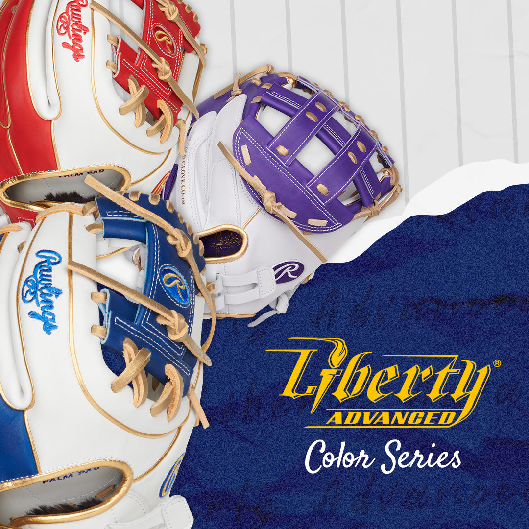 Three Rawlings Liberty Advanced Color Sync 13" Fastpitch First Base Mitts (model RLADCTSBWSG) are displayed with red, blue, and purple accents on a white background and “Liberty Advanced Color Series” text below.
