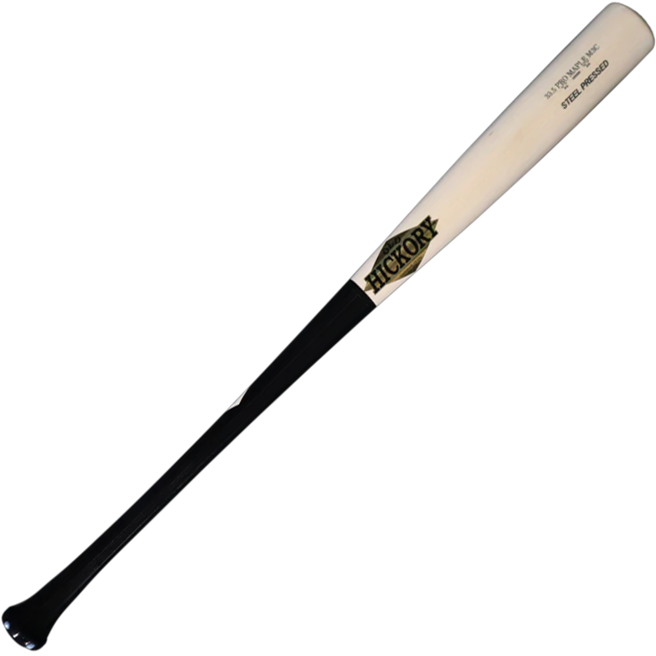 The Old Hickory Max Clark M3C Steel Pressed Maple Wood Bat features a two-tone design with a black handle and light wood barrel, plus “Hickory” and model details near the barrel end that showcase its steel pressed maple quality.