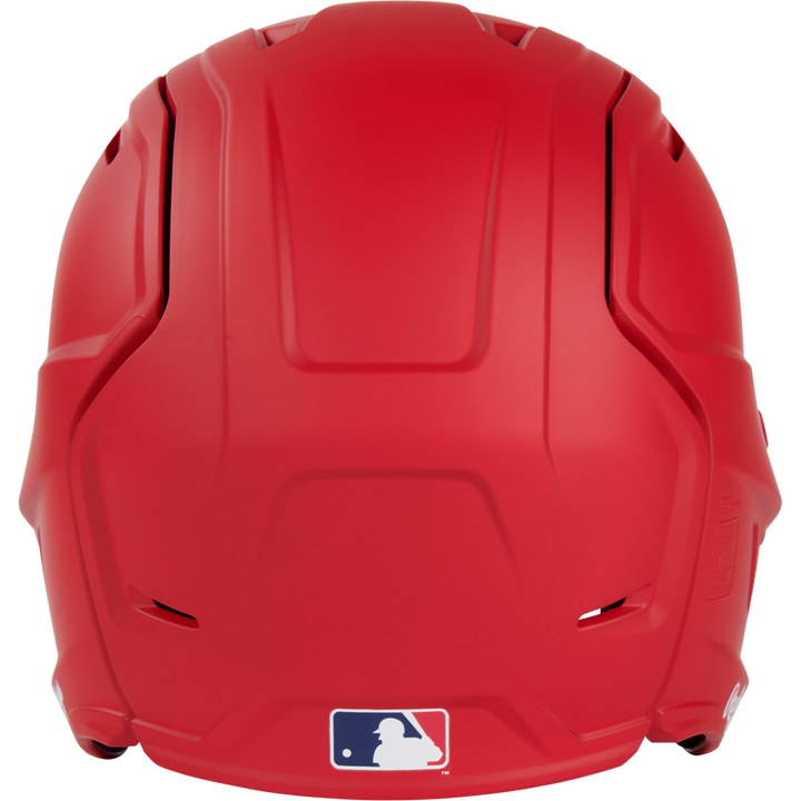 A solid red Rawlings Mach Fit Matte Batting Helmet (MACHFIT) shown from the back, displaying the MLB logo at the bottom center and designed with advanced IMPAX foam technology for top-level protection.